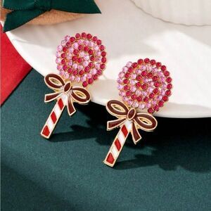 Vintage Candy Swirl Sucker Earrings, Sparkling Jewels, Bows, Pink, Red Color